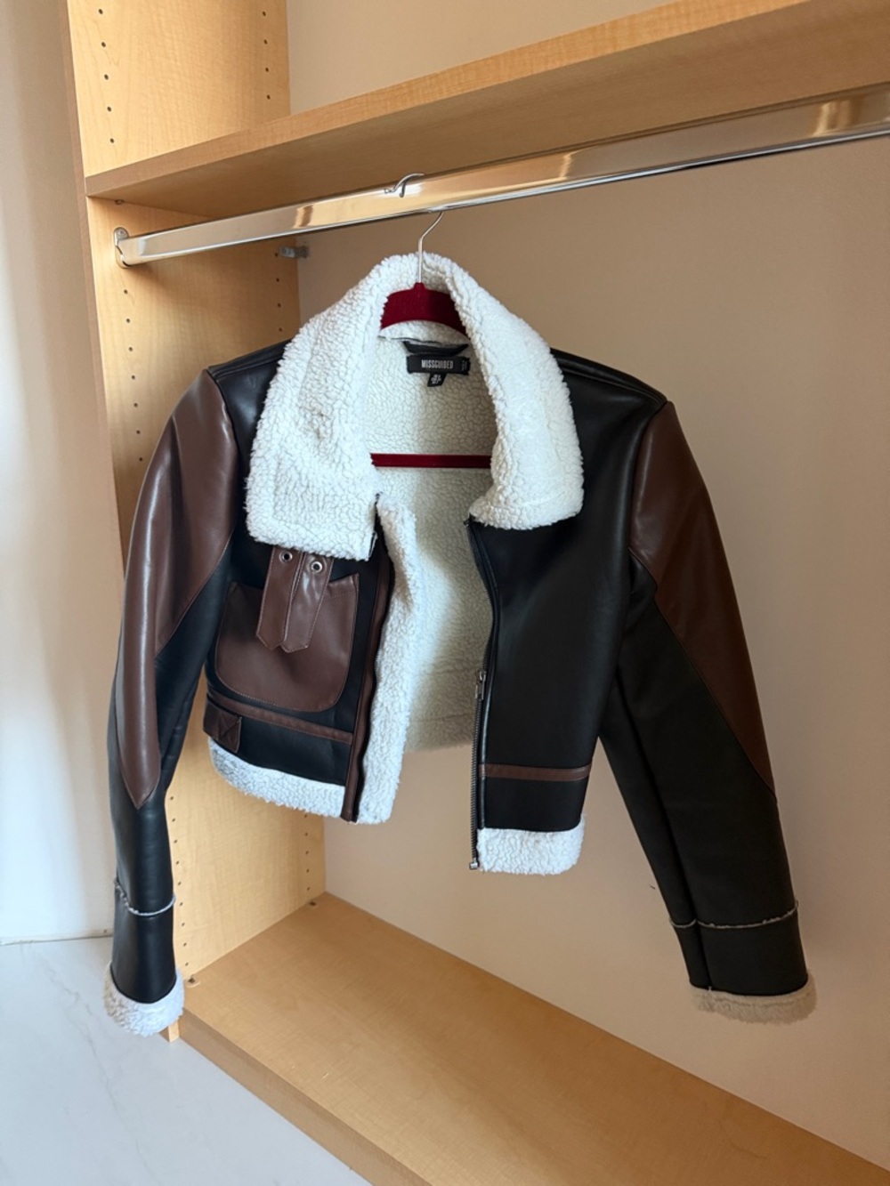 Missguided Two-Tone Faux Shearling Biker Jacket in Brown and Black